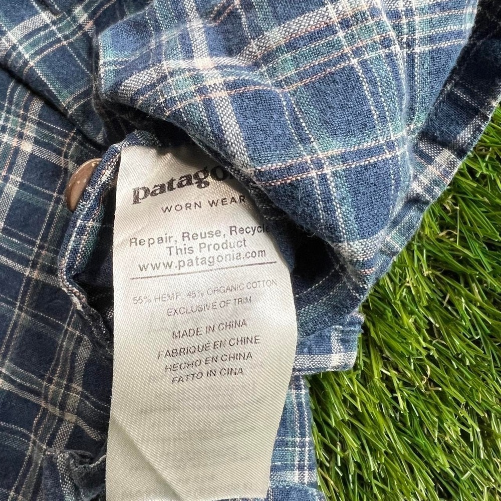Patagonia Hemp Organic Cotton Plaid Button Up Shirt Blue Outdoor Mens Large - Picture 3 of 6